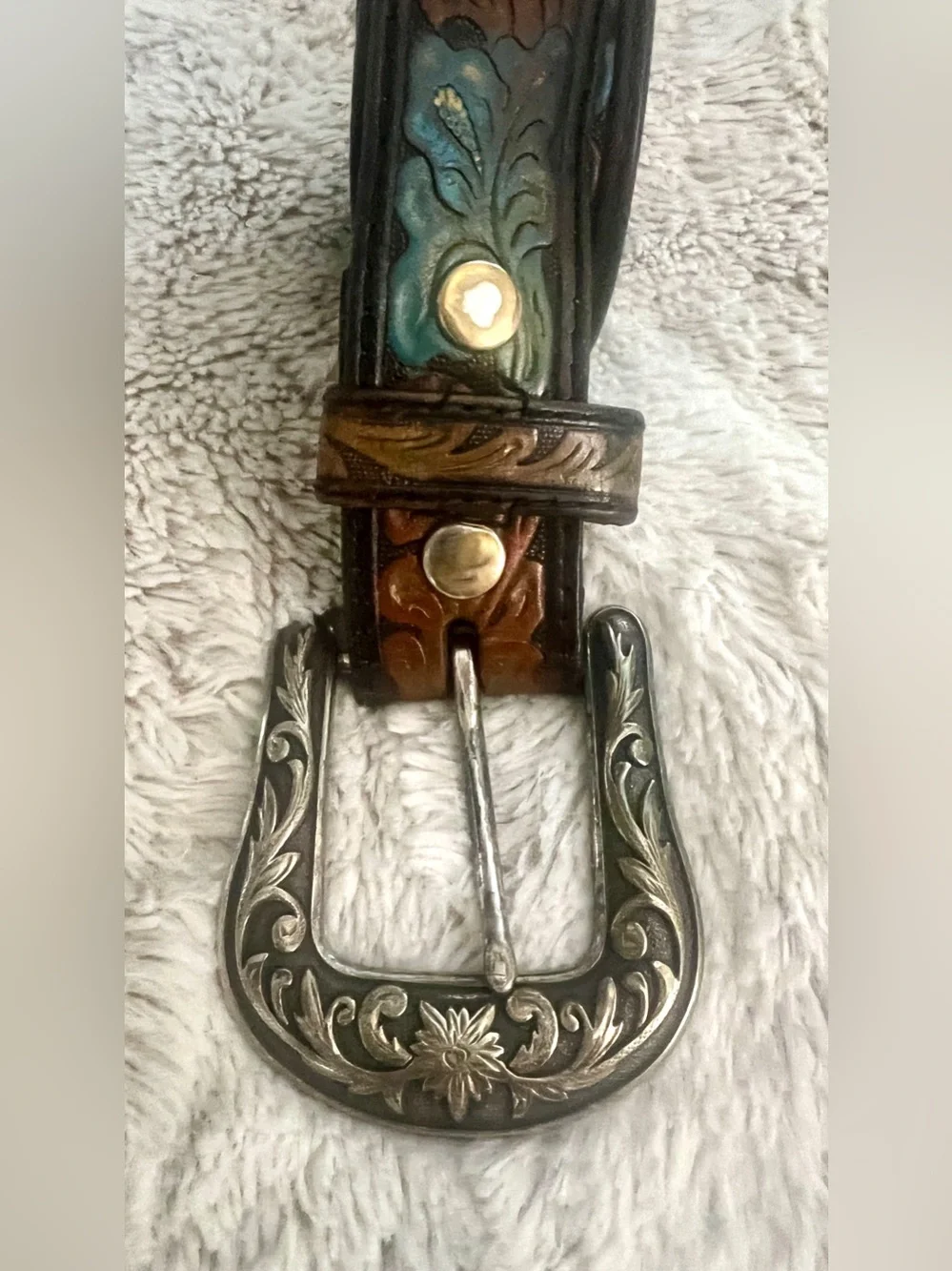 Vintage XCargo Tooled Leather Western Belt with Turquoise Accent & Rhinestones